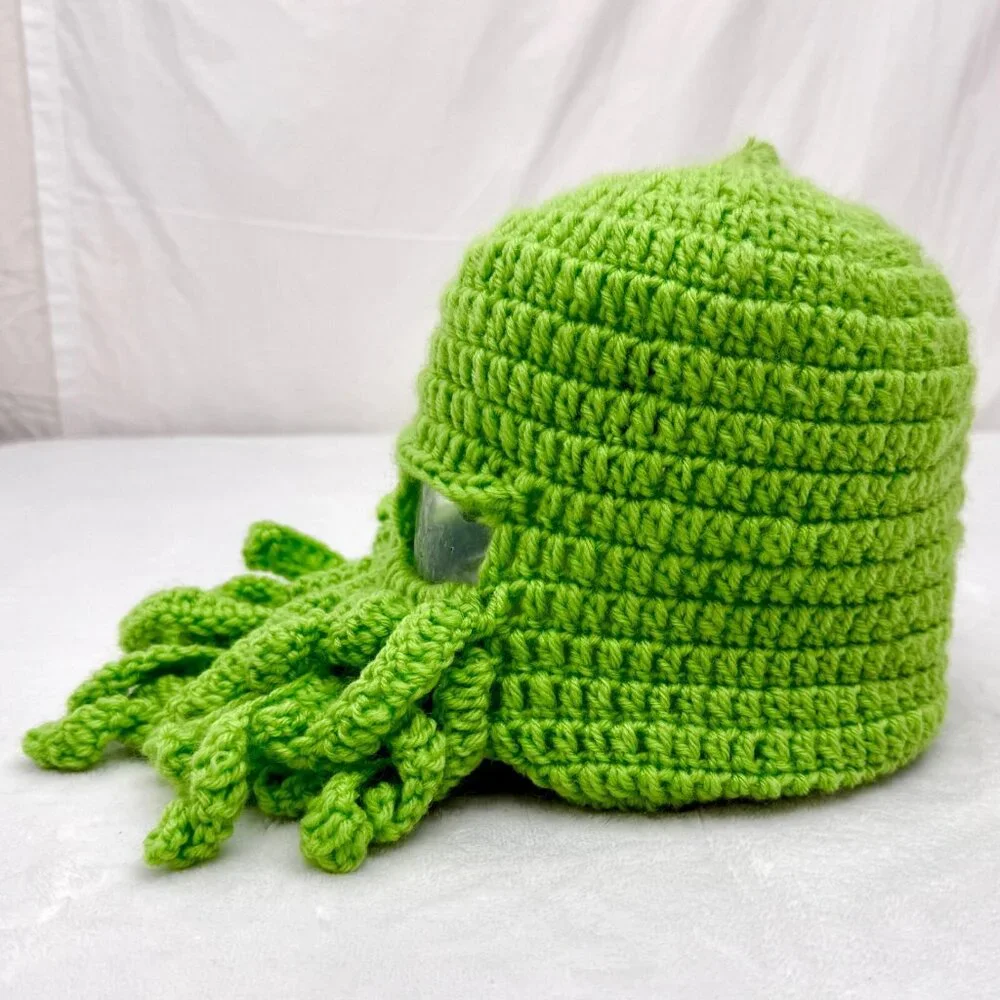 Handmade Knit Cthulhu Mask/Hat Green w/Tentacles & Eye Holes